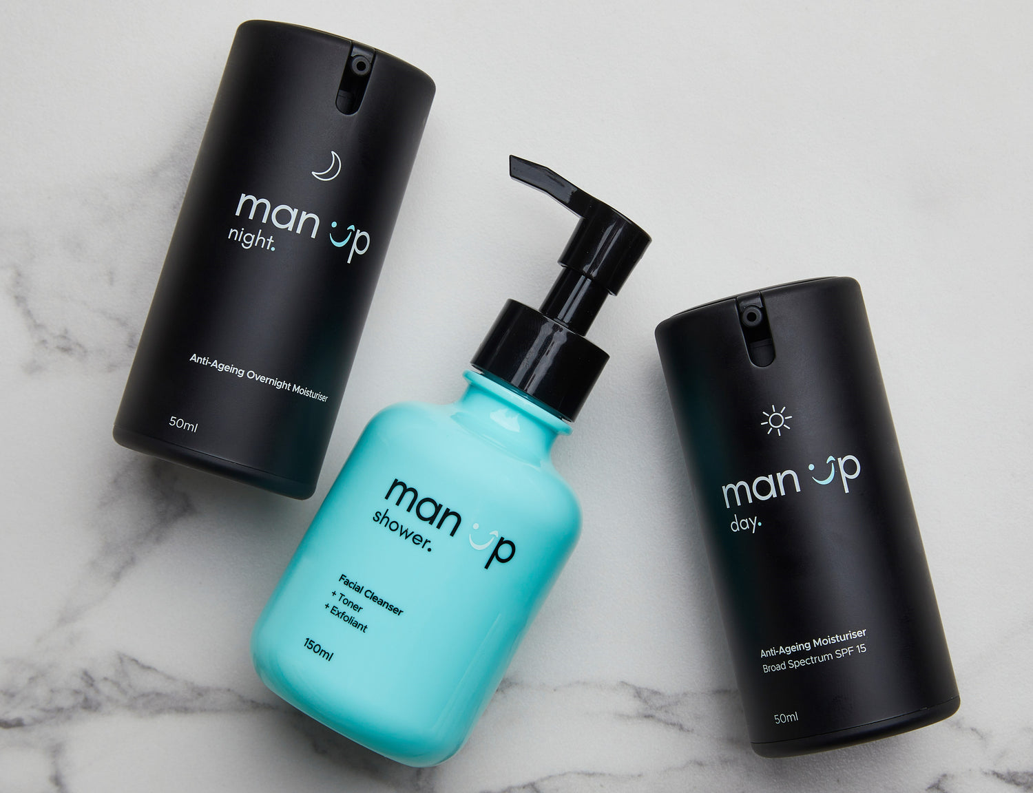 Man Up Skin Care Routine Products - Day, Night & Shower